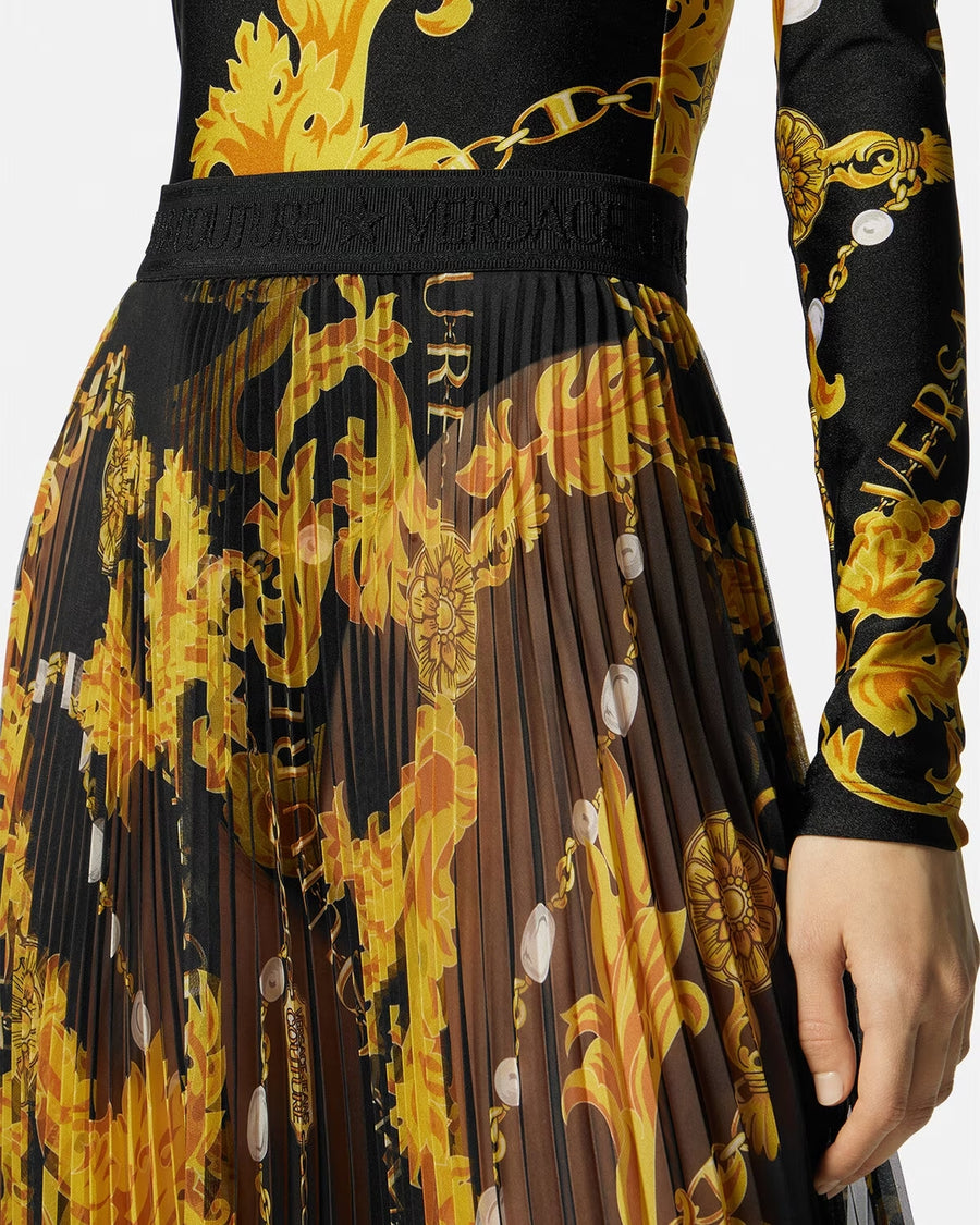 VERSACE - CHAIN COUTURE PLEATED MIDI SKIRT BLACK & GOLD