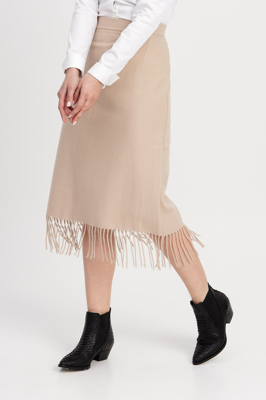OTTOD'AME - MIDI SKIRT WITH FRINGES - BEIGE