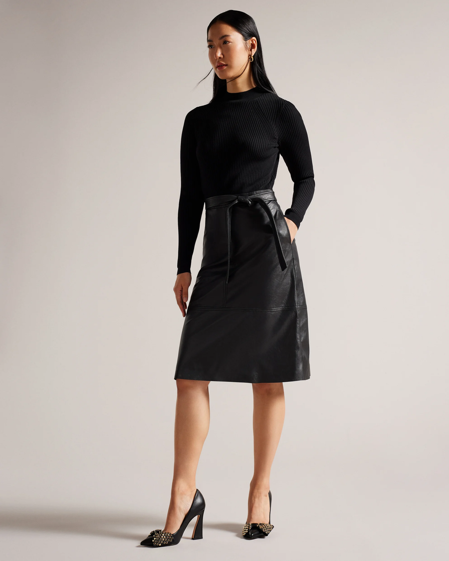 TED BAKER - ALLTAA KNITTED BODICE DRESS WITH PLEATHER SKIRT BLACK