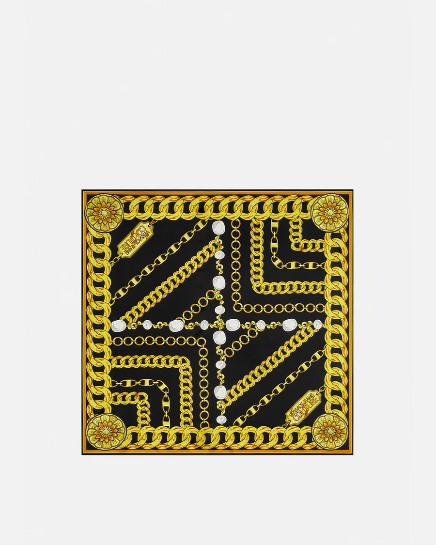 VERSACE - V-EMBLEM CHAIN SILK FOULARD BLACK & GOLD