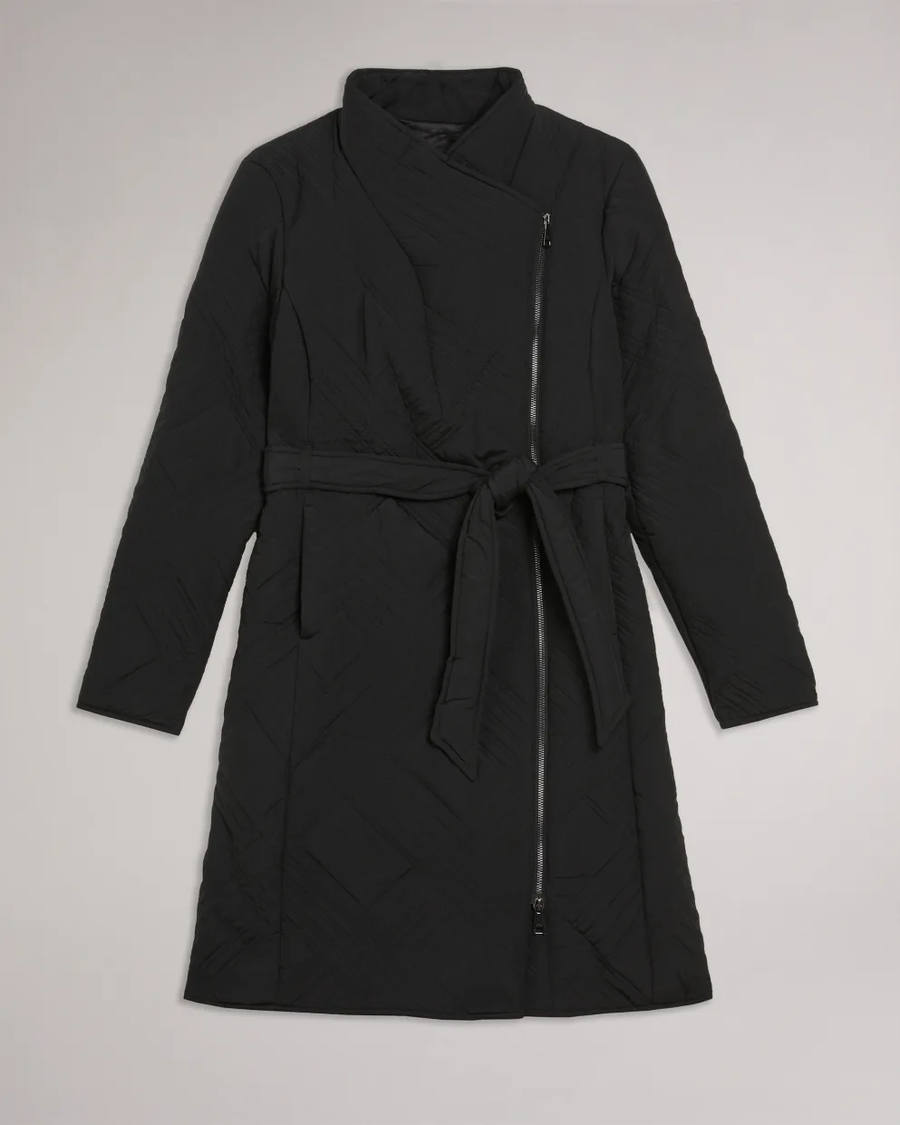 TED BAKER - ROSEMAE MIDI QUILTED WRAP COAT WITH HIGH COLLAR BLACK