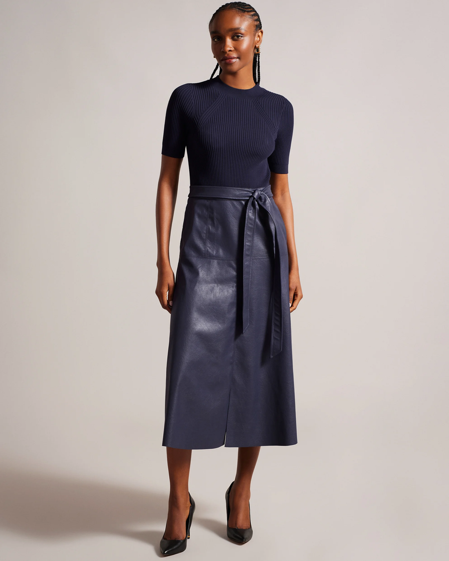 TED BAKER - MATIAR KNIT AND FAUX LEATHER MIDI DRESS DARK BLUE