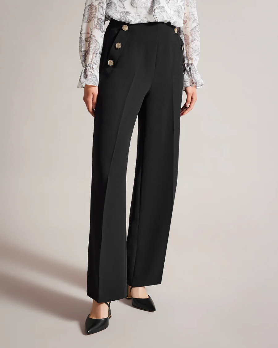 TED BAKER - LLAYLAT EMBOSSED BUTTONS WIDE LEG TROUSERS BLACK