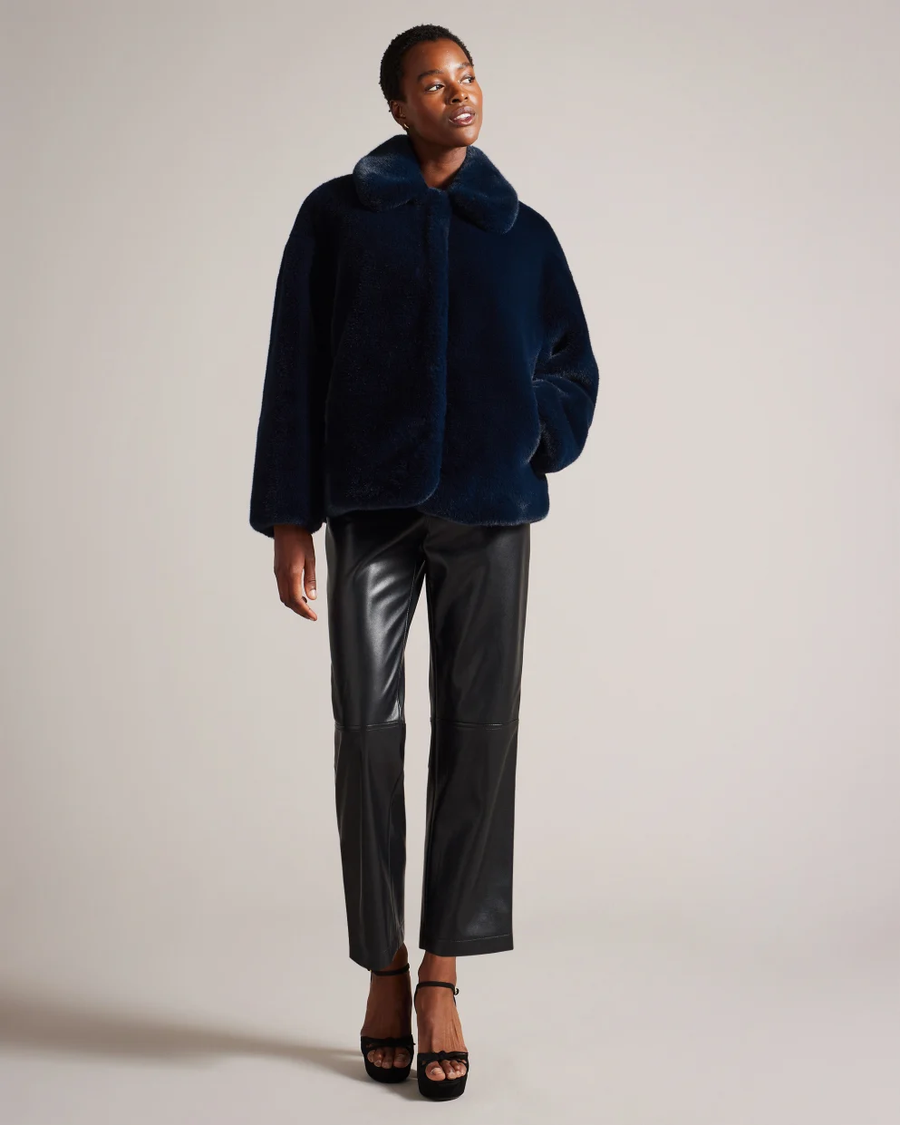 TED BAKER LILIAM FAUX FUR HIP LENGTH COAT NAVY BLUE
