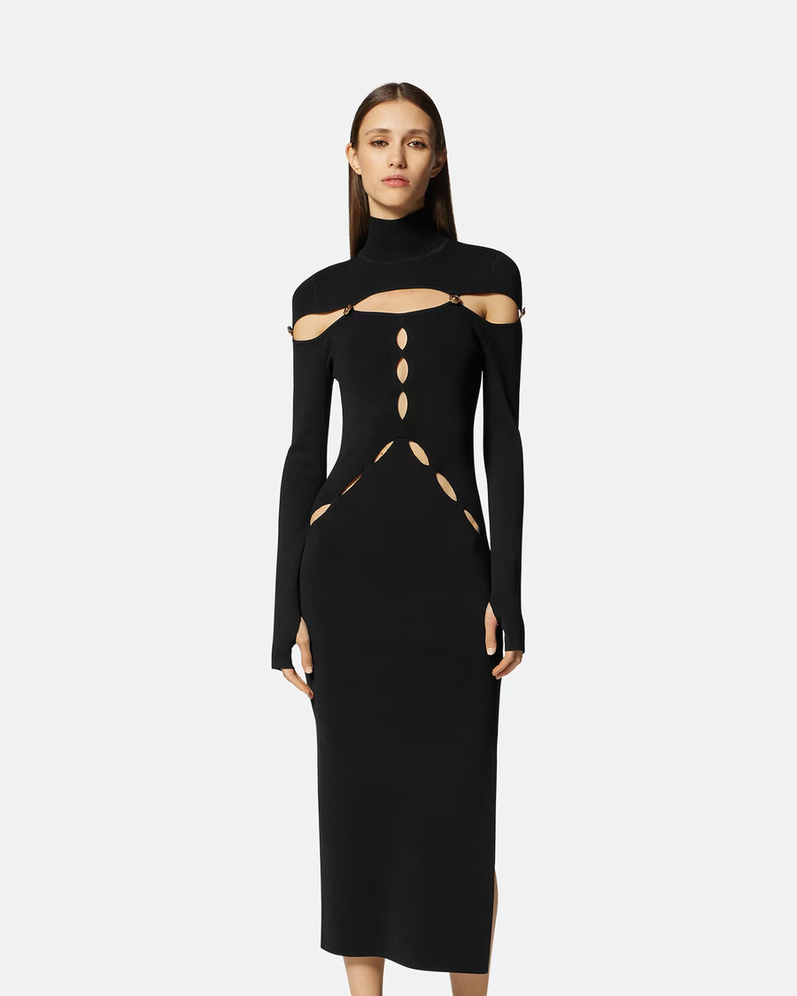 VERSACE - CUTOUT MIDI TURTLENECK DRESS BLACK