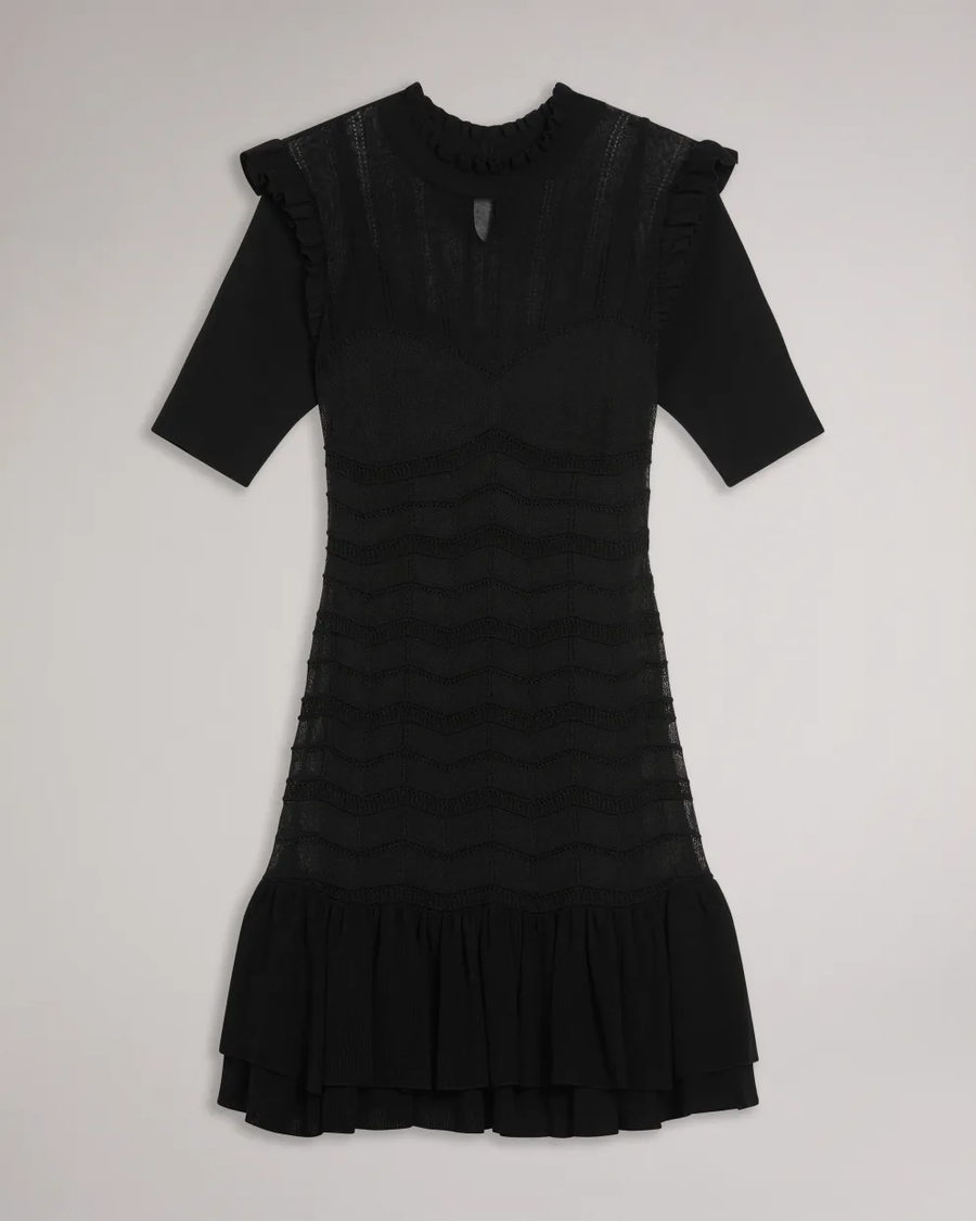 TED BAKER - BETTYAA KNITTED DRESS WITH FRILLED HEM BLACK