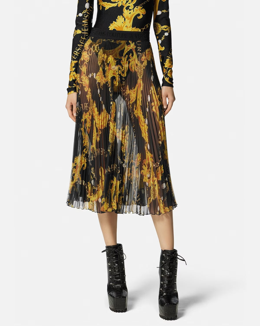 VERSACE - CHAIN COUTURE PLEATED MIDI SKIRT BLACK & GOLD