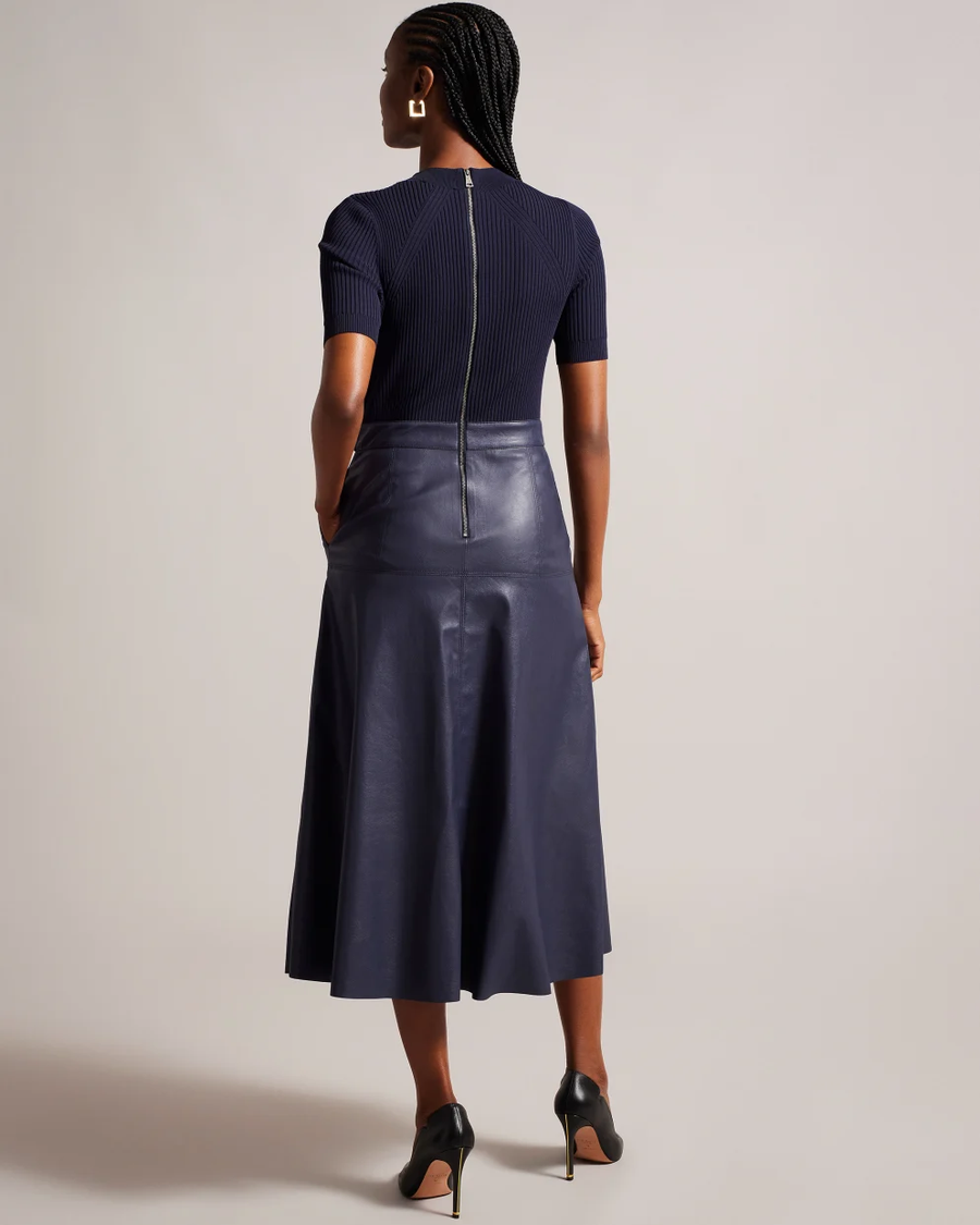 TED BAKER - MATIAR KNIT AND FAUX LEATHER MIDI DRESS DARK BLUE