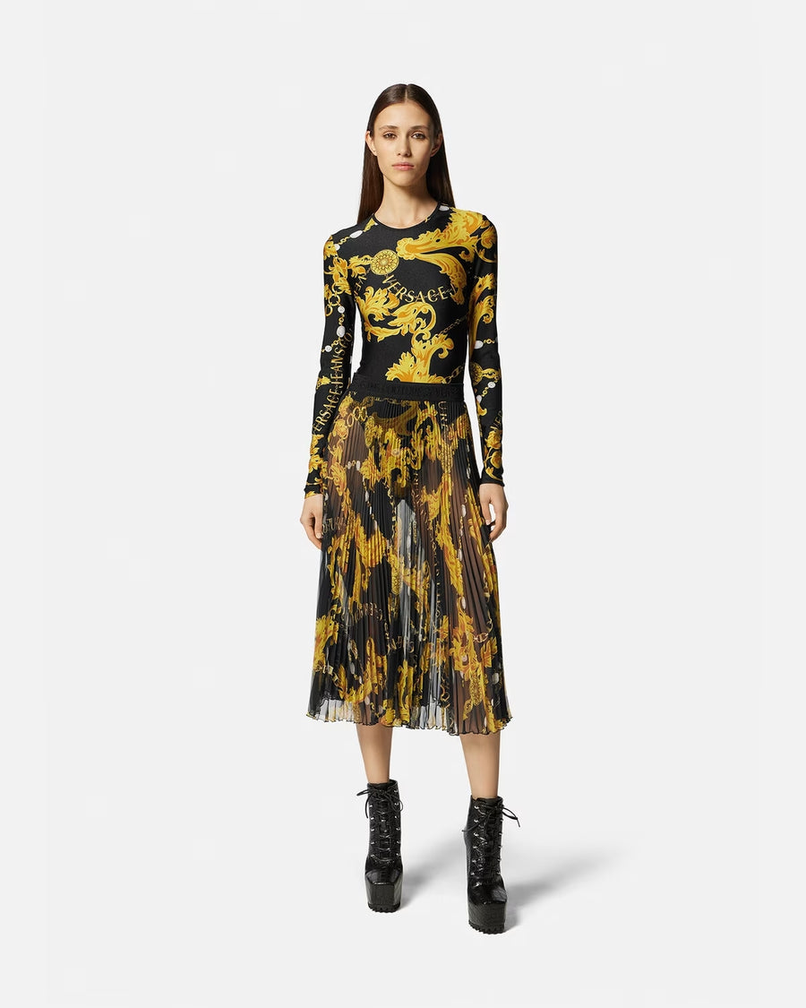 VERSACE - CHAIN COUTURE PLEATED MIDI SKIRT BLACK & GOLD