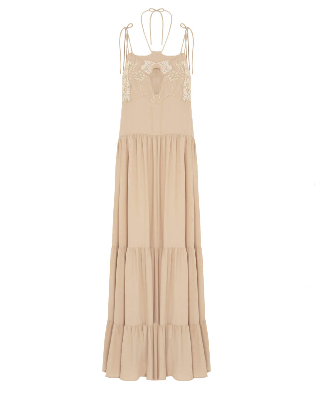 BEATRICE - LONG DRESS IN SILK BLEND CREPE OYSTER