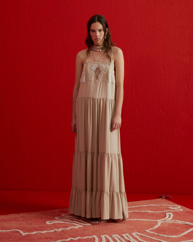 BEATRICE - LONG DRESS IN SILK BLEND CREPE OYSTER