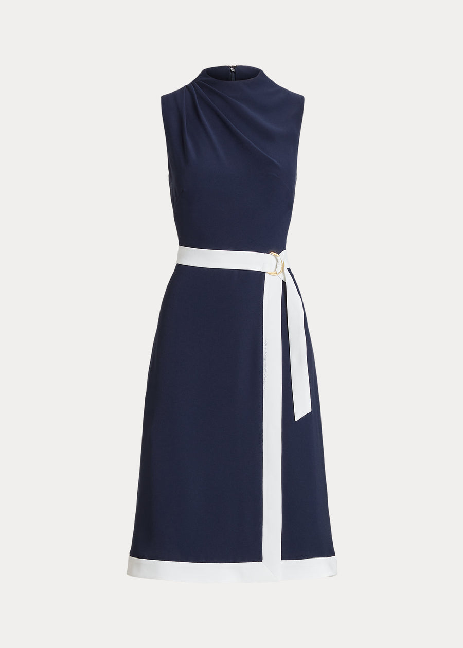 LAUREN RALPH LAUREN - BELTED CREPE MOCKNECK DRESS REFINED NAVY/ WHITE