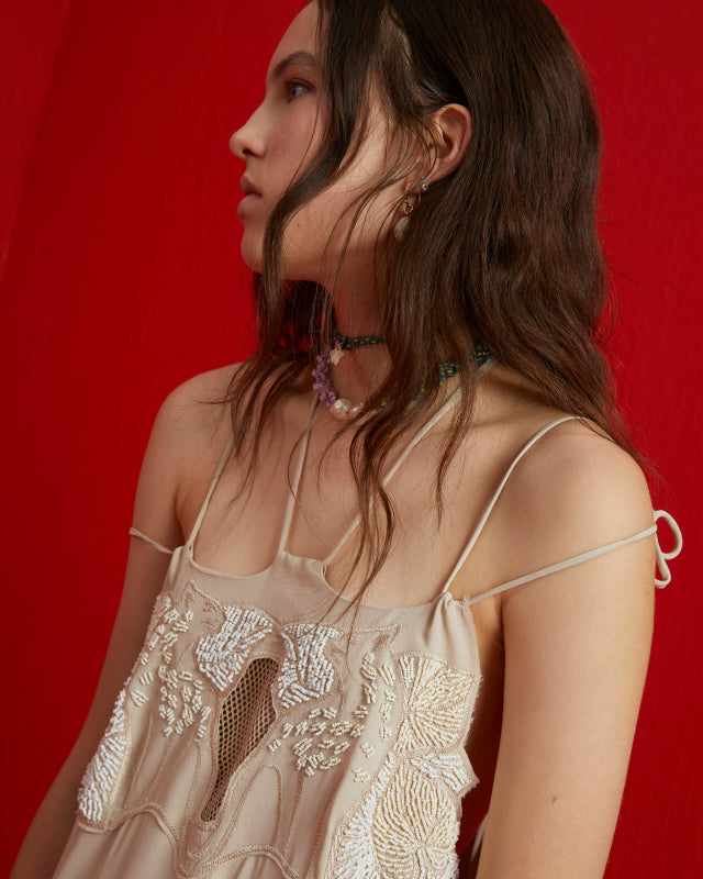 BEATRICE - LONG DRESS IN SILK BLEND CREPE OYSTER
