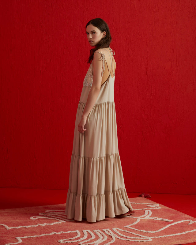 BEATRICE - LONG DRESS IN SILK BLEND CREPE OYSTER