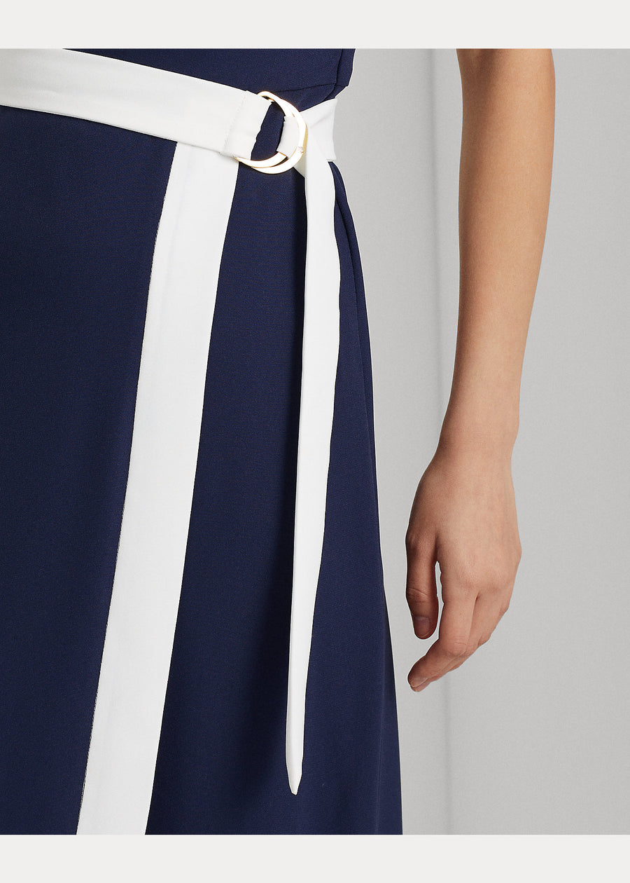 LAUREN RALPH LAUREN - BELTED CREPE MOCKNECK DRESS REFINED NAVY/ WHITE