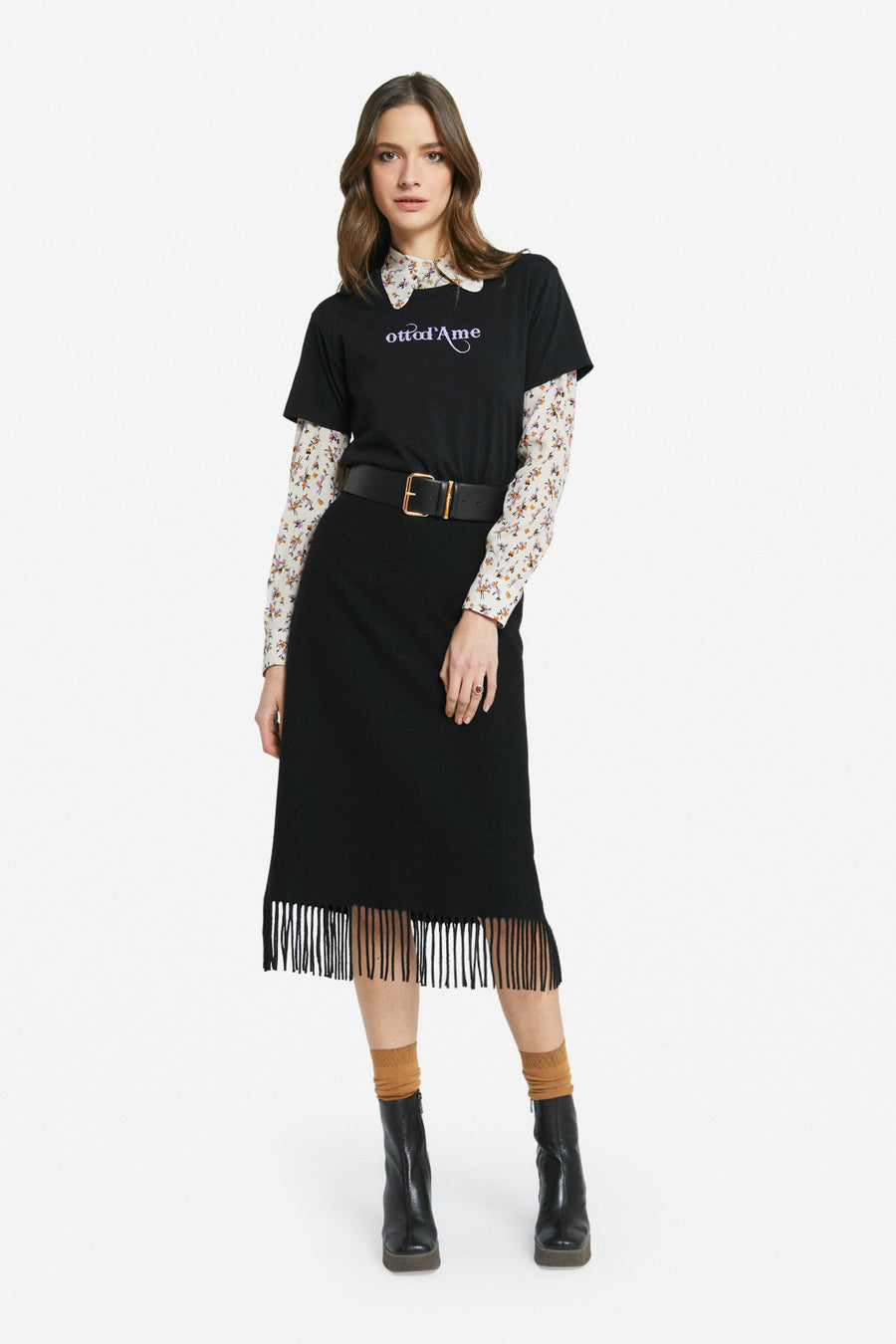 OTTOD'AME - MIDI SKIRT WITH FRINGES - BLACK