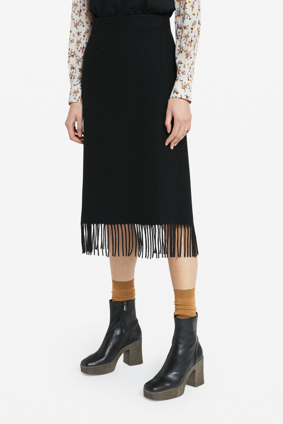 OTTOD'AME - MIDI SKIRT WITH FRINGES - BLACK