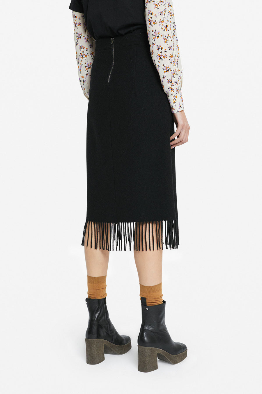 OTTOD'AME - MIDI SKIRT WITH FRINGES - BLACK