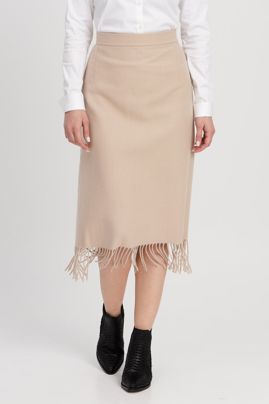 OTTOD'AME - MIDI SKIRT WITH FRINGES - BEIGE