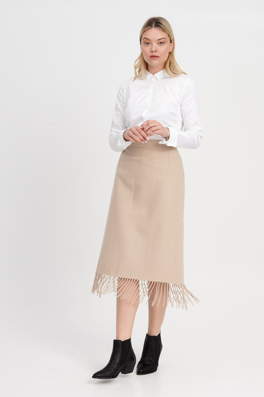 OTTOD'AME - MIDI SKIRT WITH FRINGES - BEIGE