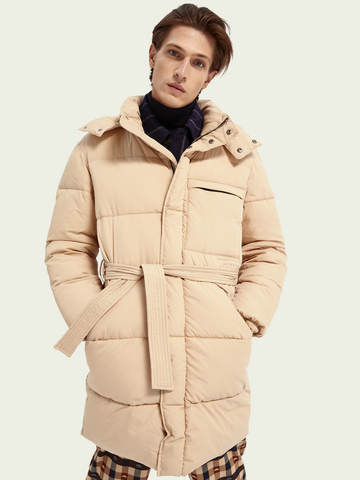 SCOTCH & SODA - Long length belted puffer jacket SAND